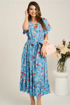 Rochie midi albastra din viscoza in clos cu flori roz si cordon in talie imagine