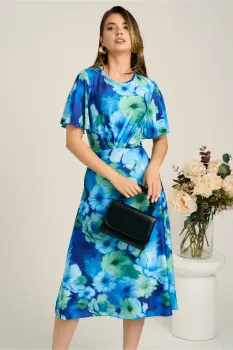 Rochie midi albastra din viscoza in clos cu flori verzi imagine