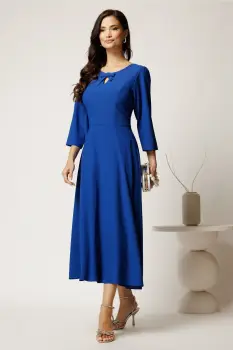 Rochie midi albastra din viscoza in clos cu funda si decupaj la decolteu imagine