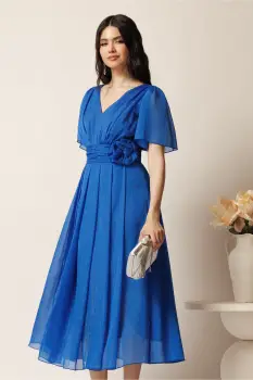 Rochie midi albastra din voal clos cu floare in talie- Moze imagine