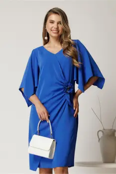 Rochie midi albastra din voal cu floare si volan in talie imagine