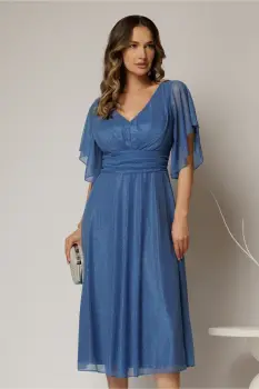 Rochie midi albastra din voal cu sclipici si decolteu in V imagine