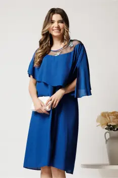 Rochie midi albastra din voal dreapta cu volan si broderie pe bust imagine