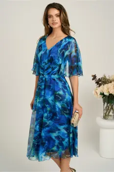 Rochie midi albastra din voal in clos cu imprimeuri si maneci vaporoase imagine