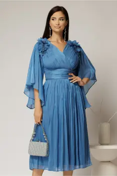 Rochie midi albastra din voal peliculizat cu decolteu petrecut si aplicatii florale imagine