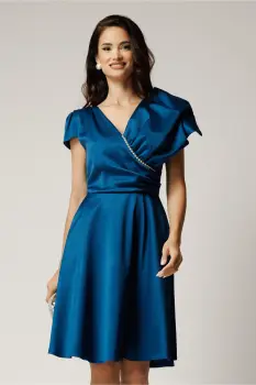 Rochie midi albastru petrol din tafta in clos cu funda si perle la bust imagine