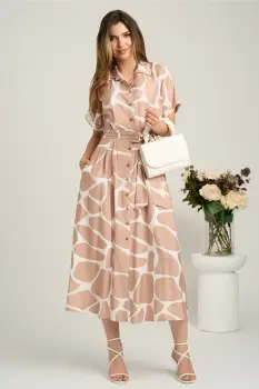 Rochie midi bej cu alb din viscoza in clini cu nasturi si cordon in talie imagine