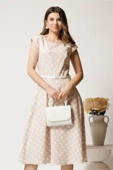 Rochie midi bej cu buline in clos cu buzunare si curea in talie imagine