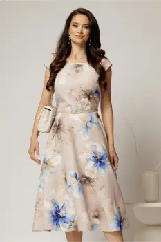 Rochie midi bej cu flori albastre in clos cu buzunare si curea in talie imagine