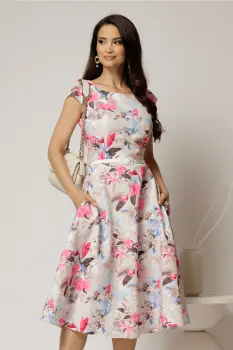 Rochie midi bej cu flori fucsia bleu in clos cu buzunare si curea in talie imagine