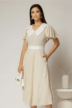 Rochie midi bej cu floricele brodate si guler alb imagine