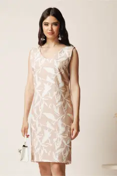 Rochie midi bej cu imprimeu alb din viscoza imagine