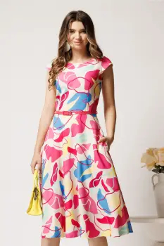 Rochie midi bej cu imprimeu fucsia si galben in clos cu buzunare si curea in talie imagine