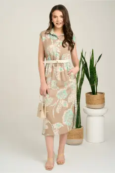 Rochie midi bej cu imprimeu verde mint din tencel cu elastic si curea in talie imagine