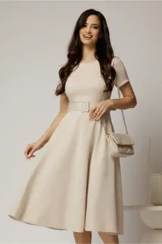 Rochie midi bej cu maneca scurta si curea in talie cu adaos de viscoza imagine