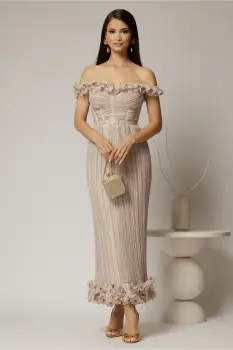 Rochie midi bej de ocazie cu bust tip corset si fusta plisata imagine