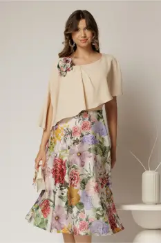 Rochie midi bej de ocazie cu imprimeuri florale pe fusta imagine