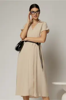 Rochie midi bej de vara din modal cu decolteu V si cordon in talie. imagine