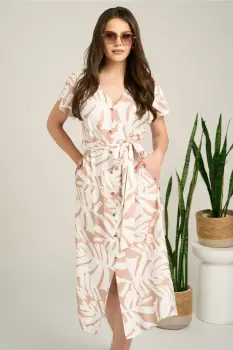 Rochie midi bej din bumbac cu imprimeuri albe si cordon in talie imagine