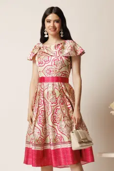 Rochie midi bej din tafta in clos cu imprimeuri fucsia si cordon in talie imagine