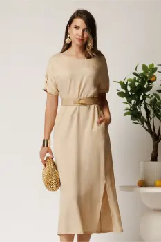 Rochie midi bej din tencel croi drept si curea in talie imagine