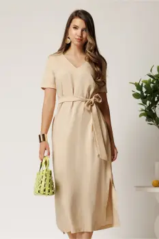 Rochie midi bej din tencel cu croi drept si cordon in talie imagine