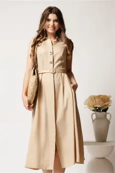 Rochie midi bej din tencel in clos cu nasturi si curea imagine