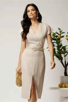 Rochie midi bej din viscoza cu aspect sidefat si curea in talie imagine