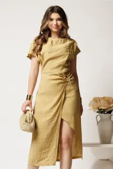 Rochie midi bej din viscoza cu aspect sifonat si funda pe fusta imagine