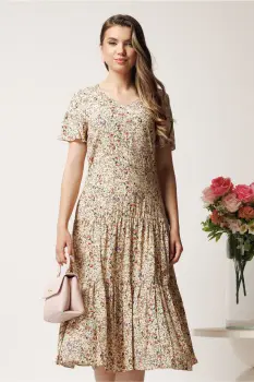 Rochie midi bej din viscoza cu imprimeuri florale maro imagine