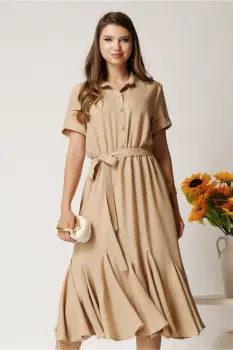 Rochie midi bej din viscoza in clos cu nasturi si cordon imagine