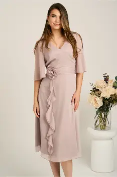 Rochie midi bej din voal in clos cu insertii din fir lurex si floare in talie-Viada imagine
