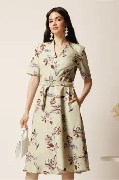 Rochie midi bej in clos cu imprimeuri maro si cordon in talie imagine