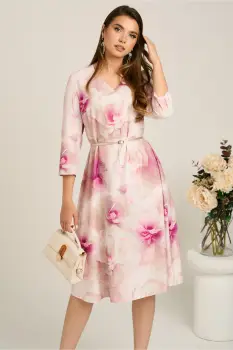 Rochie midi bej in clos din stofa cu flori fucsia si curea in talie imagine