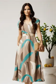 Rochie midi bej in clos din tencel cu imprimeu turcoaz si curea in talie imagine