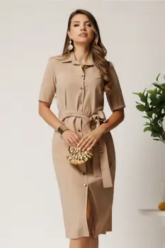 Rochie midi bej tip camasa cu nasturi si cordon in talie imagine