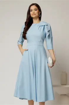 Rochie midi bleu clos cu funda ampla pe umar si cordon detasabil imagine