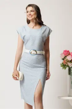 Rochie midi bleu conica cu imprimeuri bej si curea in talie imagine