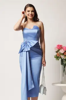 Rochie midi bleu conica din tafta cu funda in talie imagine