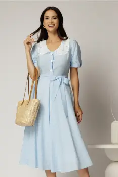 Rochie midi bleu cu buline de zi si guler brodat imagine
