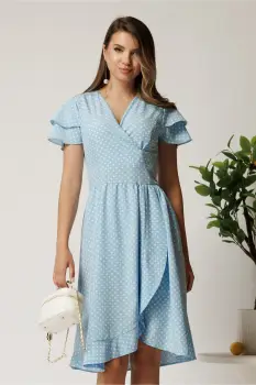 Rochie midi bleu cu buline din triplu voal in clos cu volane la maneci imagine