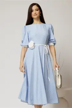 Rochie midi bleu cu buline si cordon detasabil in talie imagine