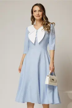 Rochie midi bleu cu buline si guler amplu croi clos imagine