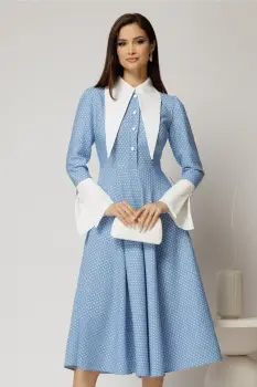 Rochie midi bleu cu buline si guler ascutit imagine