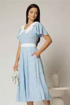 Rochie midi bleu cu floricele brodate si guler alb imagine