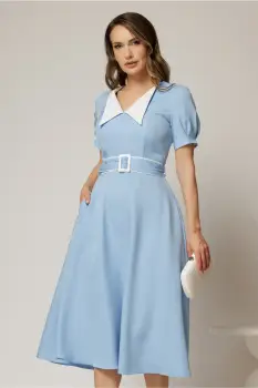 Rochie midi bleu cu guler alb in contrast si cordon cu insertii imagine