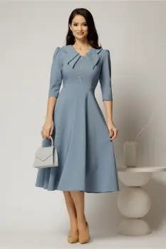 Rochie midi bleu cu guler dublu si funde argintii imagine