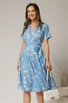 Rochie midi bleu cu imprimeu cu aspect petrecut si cordon in talie imagine
