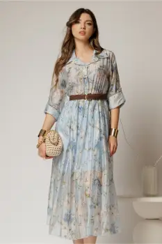 Rochie midi bleu cu imprimeuri din tencel imagine