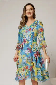 Rochie midi bleu cu imprimeuri din voal cu croi lejer si decolteu in V imagine